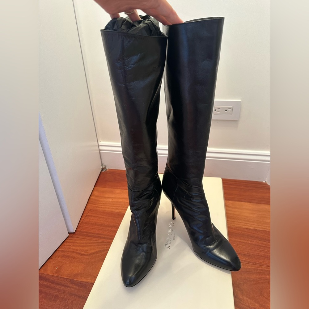 Jimmy Choo Agathe 85 Tall Black Leather Heeled Boots